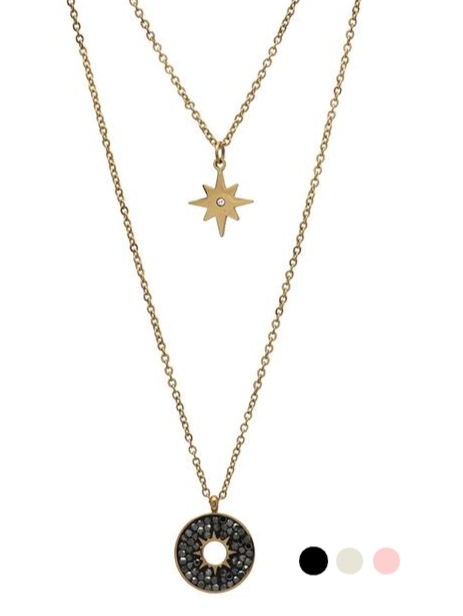 Collier 2 rangs - ETOILE et STRASS - Pendentif étoile du nord & Médaille - Acier Inoxydable Or - Noir Blanc Rose - 38 + 50 + 7 cm - Ikita Paris