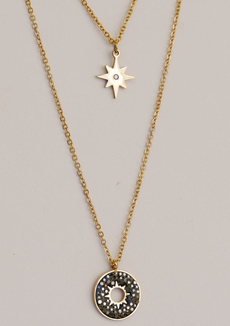 sautoir boheme chic - ETOILE DU NORD & STRASS - Pendentif étoile & Médaille - Acier Inoxydable Or - Noir Blanc Rose - 38 + 50 + 7 cm - Ikita Paris