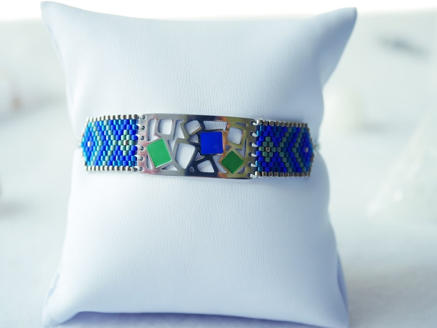 Bracelet Manchette Miyuki - SO PRETTY - Motifs Géométriques - Acier Inoxydable - Finition Argent - Ajustable - bleu &amp; vert-min