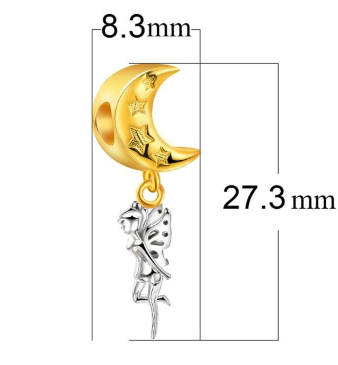Charm FÉE & LUNE - ARGENT & OR - Perle pour bracelet et collier