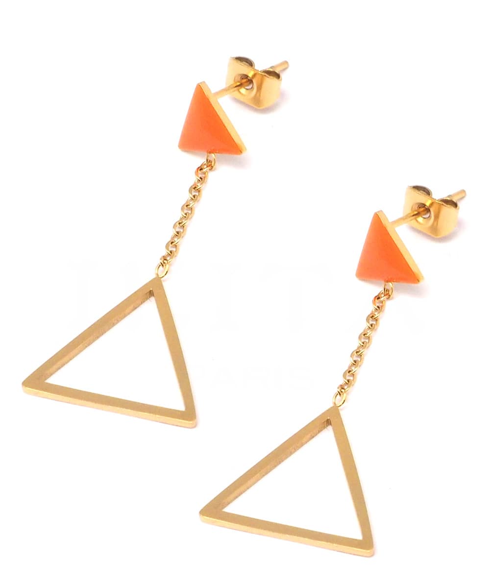 B.O à puce, 2 triangles avec chaîne dorée et émail orange-min