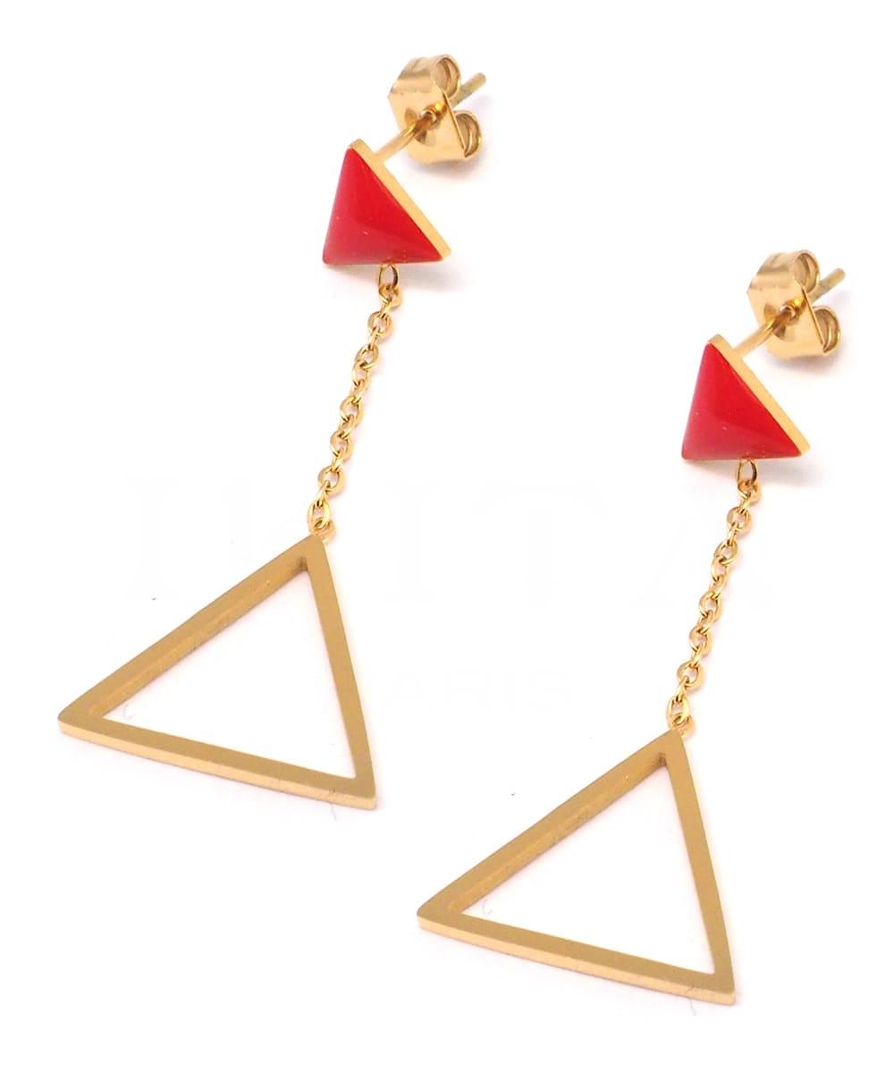 B.O à puce, 2 triangles avec chaîne dorée et émail rouge-min