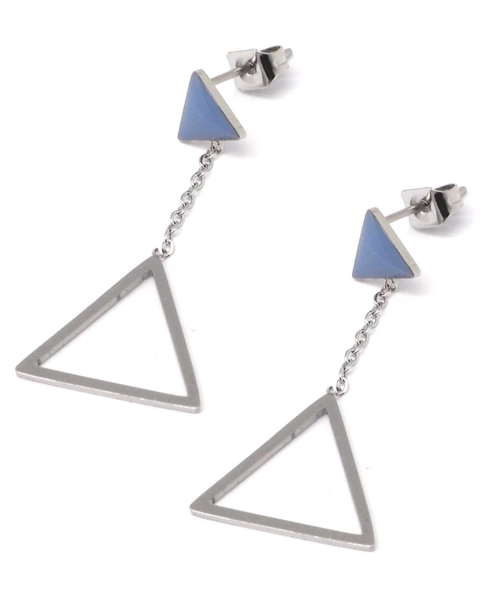B.O à puce, 2 triangles avec chaîne rhodium et émail bleu-min
