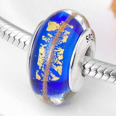 Charm verre de murano pandora- BLEU & OR - Argent 925 - Perle pour bracelet & Collier