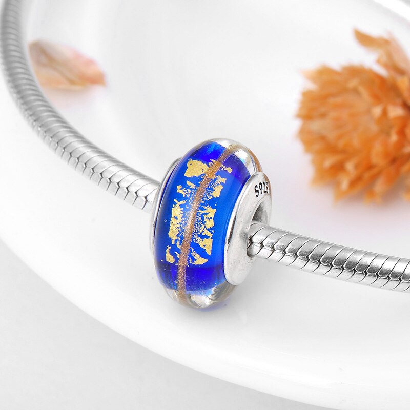 Charm verre de murano pandora- BLEU & OR - Argent 925 - Perle pour bracelet & Collier