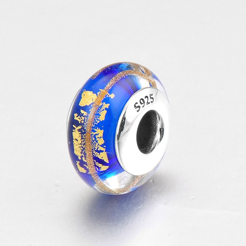 Charm verre murano- BLEU &amp; OR - Argent 925 - Perle pour bracelet &amp; Collier
