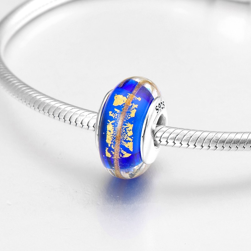 Charm verre murano - BLEU &amp; OR - Argent 925 - Perle pour bracelet &amp; Collier