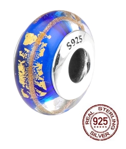 Charm verre - BLEU & OR - Argent 925 - Perle pour bracelet & Collier
