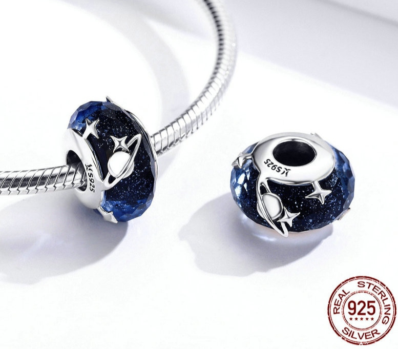 charm GALAXIE ETOILE- Argent S925 &amp; Verre style Murano - Bleu - Pour bracelet et collier