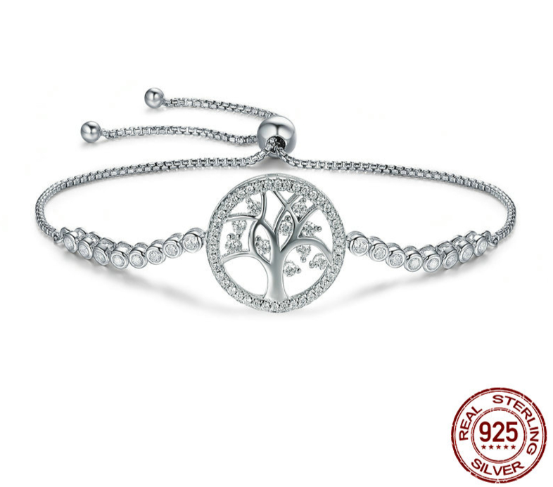 Bracelet coulissant ARBRE ÉTINCELANT - Argent S925 - Strass en Zircon Cubique - 25 cm - minimaliste - bracelet arbre de vie argent pas cher pierre