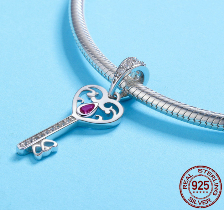 Charms bracelet collier pendentif clé argent 925 strass christal zircon cubique bijou personnalisable recomposable interchangeable convertible DIY pandora rose fushia