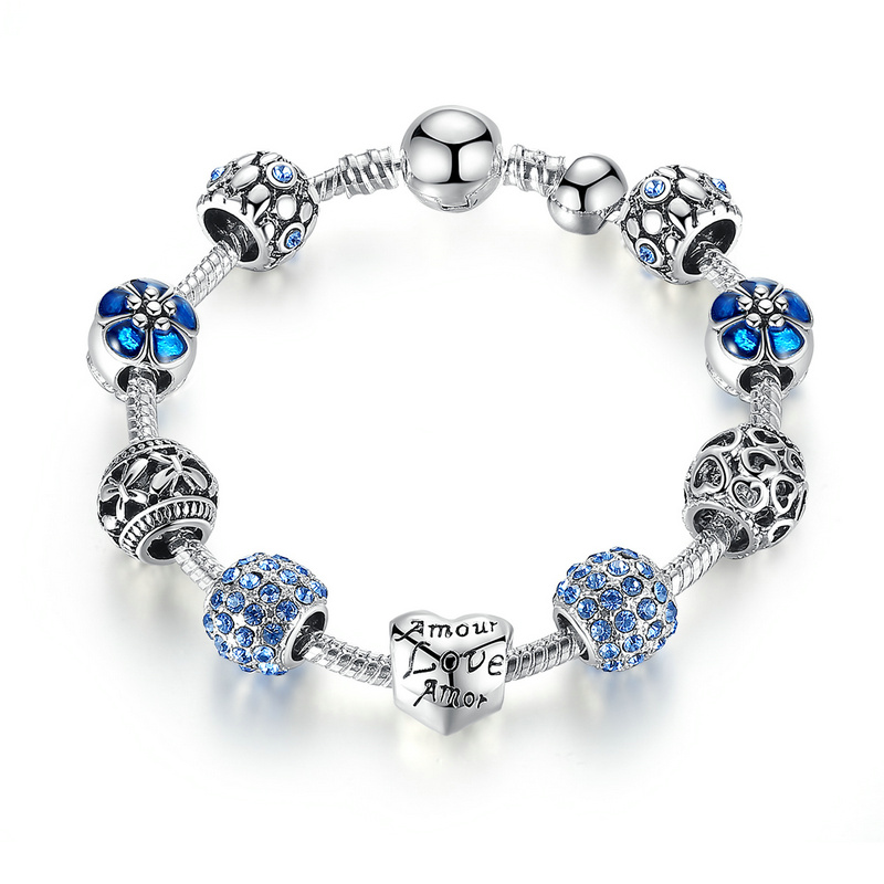 Bracelet Charms AMOUR - Plaqué en Argent 925 - 4 Coloris - 3 Tailles - Pandora style - zircon - argent - cadeau - personnalisable composable - bleu