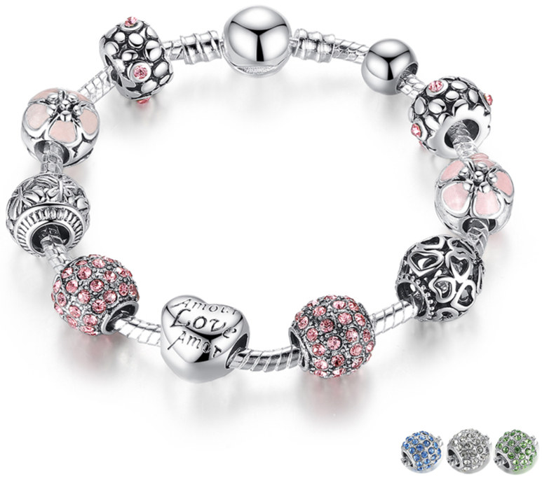 Bracelet Charms AMOUR - Plaqué en Argent 925 - 4 Coloris - 3 Tailles - Pandora style - zircon - argent - cadeau - personnalisable composable - rose