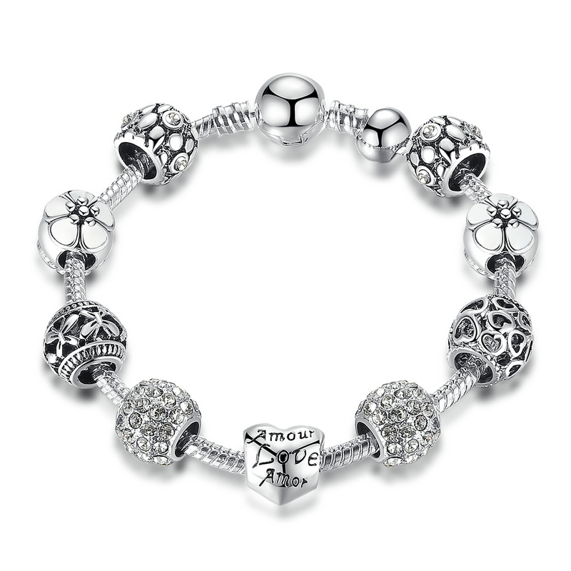 Bracelet Charms AMOUR - Plaqué en Argent 925 - 4 Coloris - 3 Tailles - Pandora style - zircon - argent - cadeau - personnalisable composable - mariage - Argent