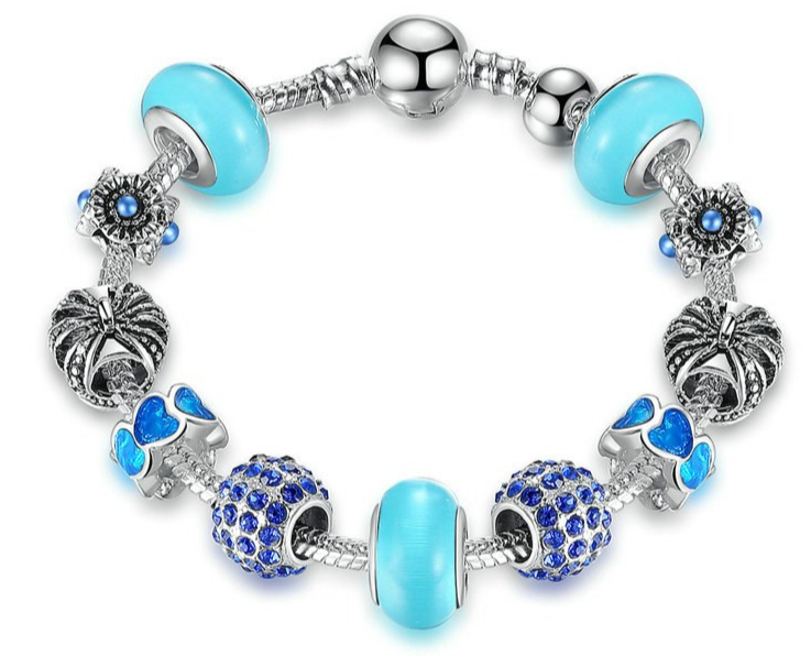 Bracelet Charms QUEEN LADY - Plaqué Argent S925 – Zircons Cubiques - 4 Coloris - 2 Tailles - bracelet avec charms pandora pas cher - bleu