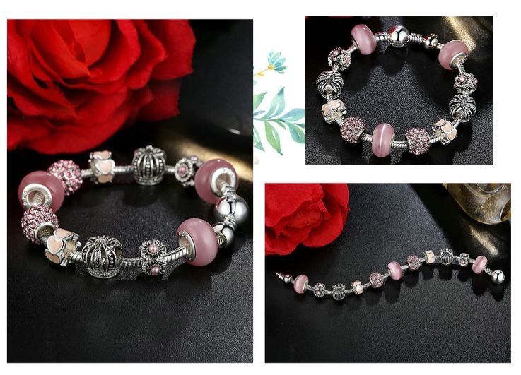 Bracelet Charms QUEEN LADY - Plaqué Argent S925 – Zircons Cubiques - 4 Coloris - 2 Tailles_pandora style-rose site