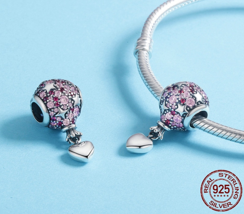 Charm LOVE IS IN THE AIR - Argent 925 - Pavé en Zircon Cubique - charm pour bracelet compatible pandora - charm coeur &amp; montgolfiere - Rose - pendentif coeur montgolfière