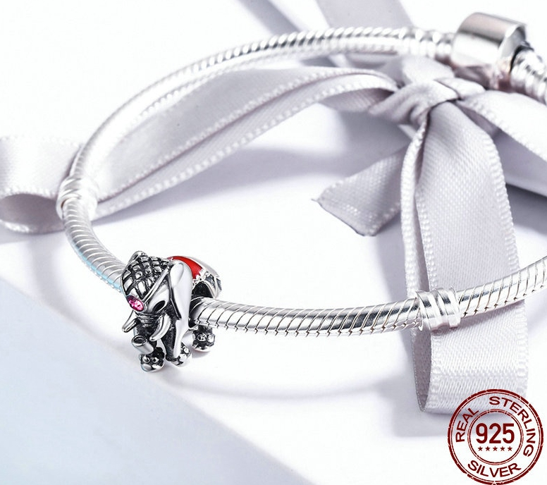Charm ELEPHANT dASIE - Argent 925 - Zircon Cubique - Style Pandora - Rouge