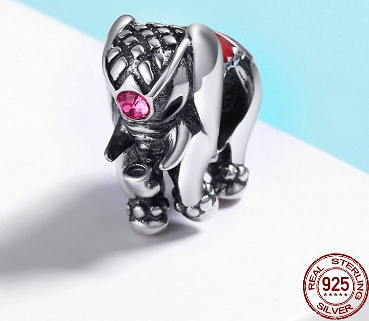 Charm ELEPHANT dASIE - Argent 925 - Zircon Cubique - Style Pandora - Rouge