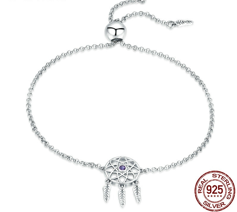 Bracelet coulissant ATTRAPE-RÊVES - Argent S925 - Zircon Cubique - 19 cm - Violet - bracelet attrape reve - bijou symbole argent - plumes - violet