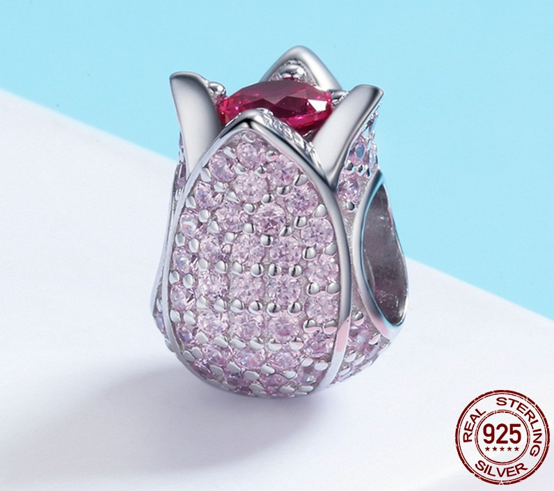 Charm Pendentif TULIPE - Argent Sterling 925 - Zircon Cubique - Style Pandora - Rose Clair - cristal - fleur-charm-pandora-fleur-bijou-fleur-tulipe-rose