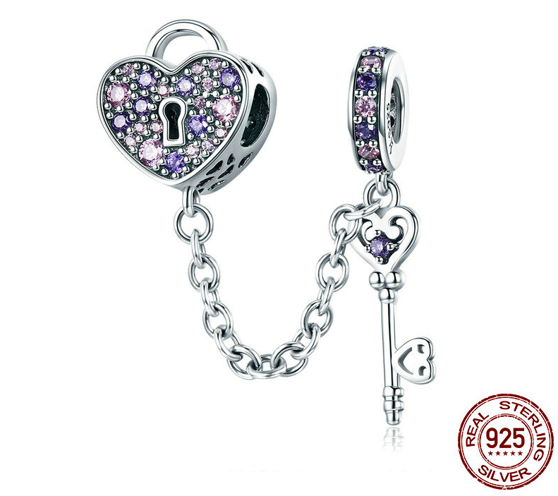 Charm Pendentif CLÉ du COEUR - Argent S925 - Zircon Cubique - Pour Pandora - Rose & Violet - pandora clé amour pendentif