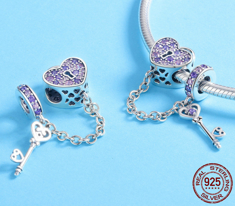 Charm Pendentif CLÉ du COEUR - Argent S925 - Zircon Cubique - Style Pandora - Rose & Violet - cadeau saint valentin