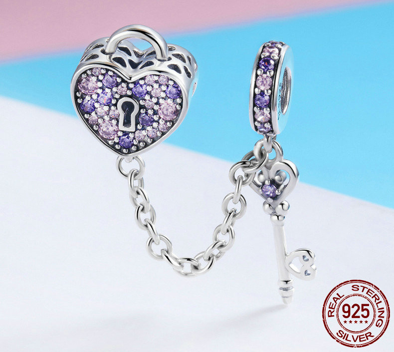 Charm Pendentif CLÉ du COEUR - Argent S925 - Zircon Cubique - Style Pandora - Rose &amp; Violet - pour bijou interchangeable