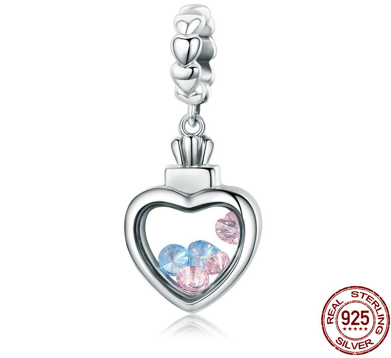 Charm Pendentif LOVE BOX - Argent 925 - Zircon - Pour Bracelet & Collier - Rose & Bleu