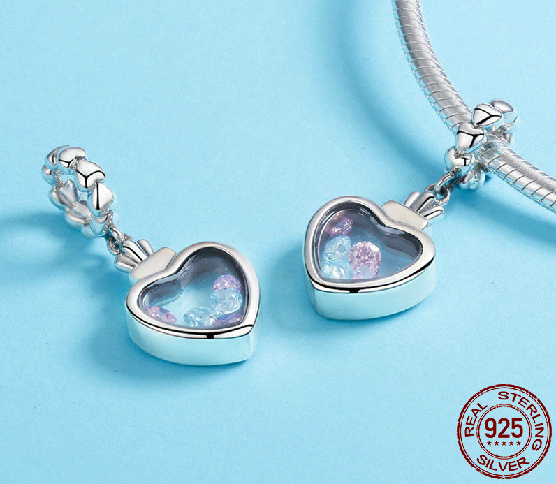 Charm Pendentif LOVE BOX - Argent S925 - Zircon Cubique - Style Pandora - Rose & Bleu - charm pandora amour mariage coeur strass cristal pendentif