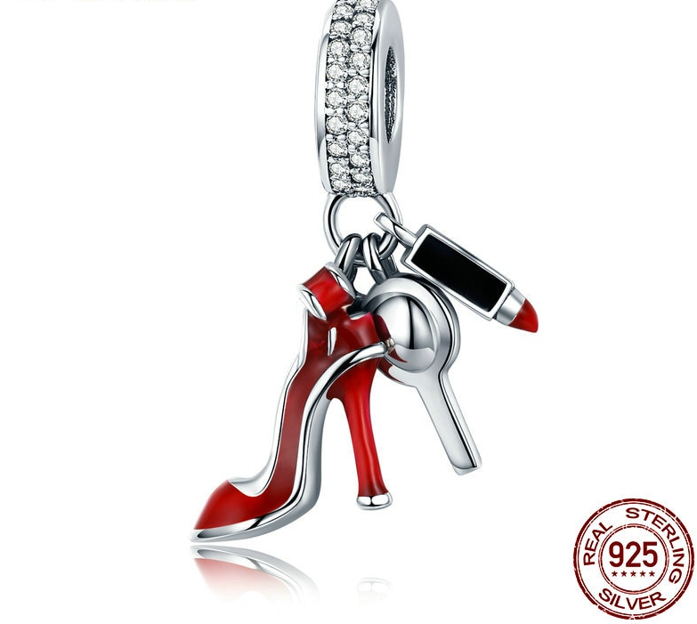 Charm Pendentif KIT FÉMINITÉ - Argent S925 - Zircon Cubique - pour Pandora - Rouge - glamour - rouge à levre - talon - pendentif - bijou glamour