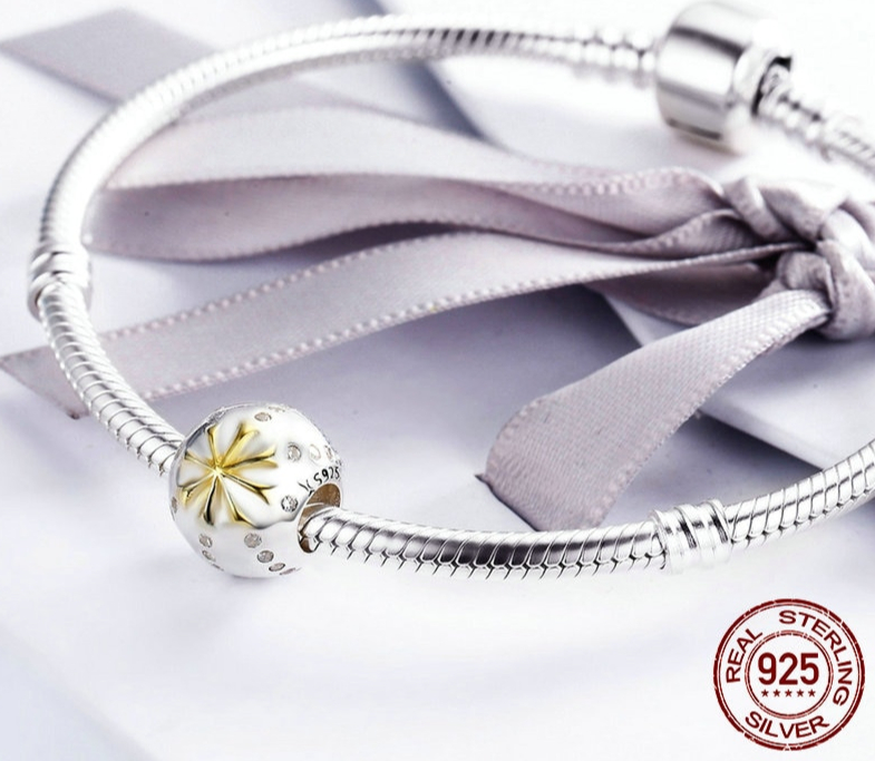 Charm ETOILE DES NEIGES- Argent S925 &amp; Plaqué Or - Pour bracelet style Pandora - Argent &amp; Or - pendentif edelweiss - motif edelweiss