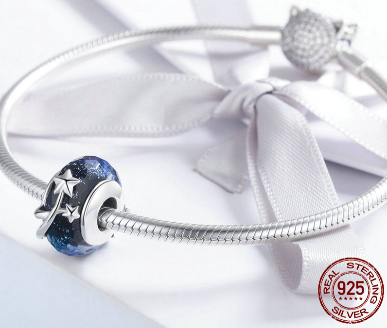 Charm ÉTOILES FILANTES - Argent S925 &amp; Verre style Murano - Bleu - Pour bracelet style Pandora