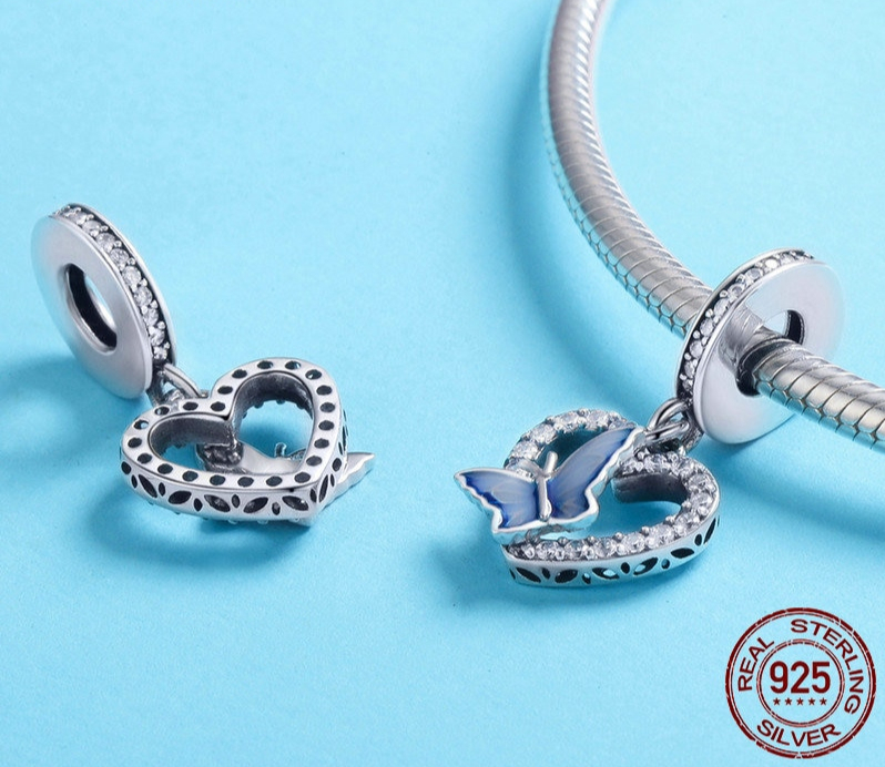 Charm Pendentif SONGE DÉTÉ - Argent Sterling 925 - Zircon Cubique - pendentif Charm Pandora papillon coeur cristal - Bleu