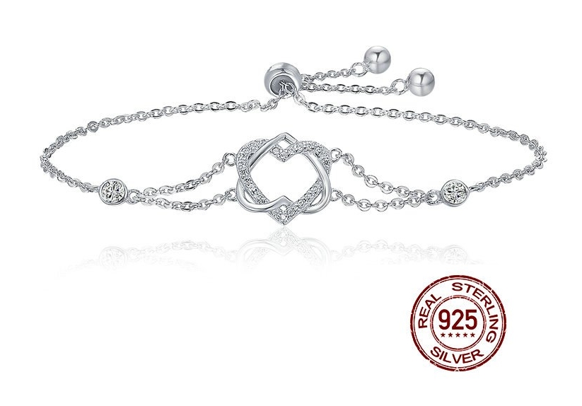 Bracelet coulissant LOVE FOREVER - motif coeur entrelacés - Argent 925 - pierres Zircon Cubique - 22 cm - bracelet argent avec coeur strass diamant