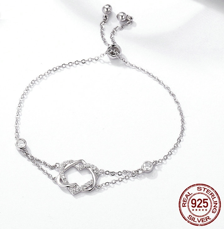 Bracelet coulissant LOVE FOREVER - motif coeur entrelacés - Argent 925 - pierres Zircon Cubique - 22 cm - bracelet argent avec coeur strass diamant