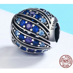 Charm boule PLUME de PAON - Argent 925 - Zircon cubique - Style Pandora - charm pour bracelet - bleu - pendentif
