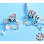 Charm Pendentif CLÉ du COEUR - Argent S925 - Zircon Cubique - Style Pandora - Rose & Violet - cadeau saint valentin