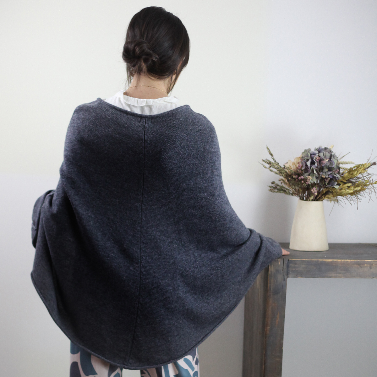 Poncho femme gris ardoise en laine et cachemire