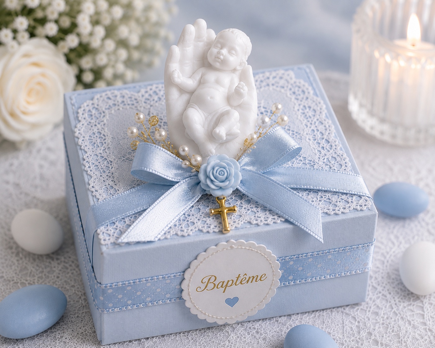 figurine bebe dans une main pour bapteme naissance