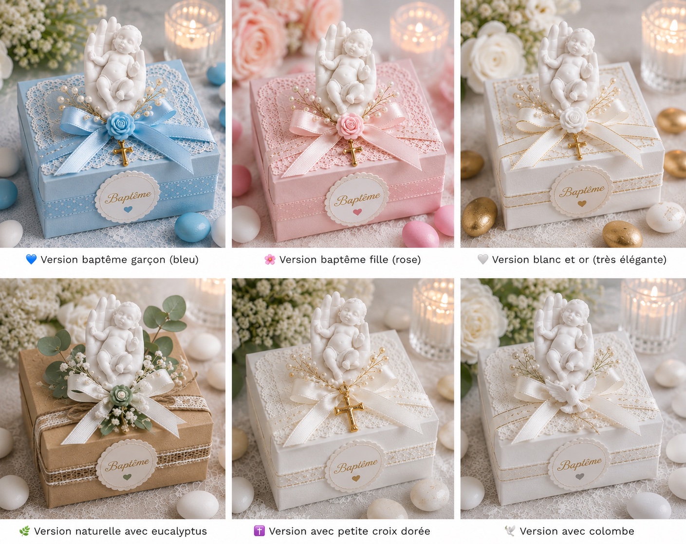 figurine bebe dans une main pour bapteme naissance dragees