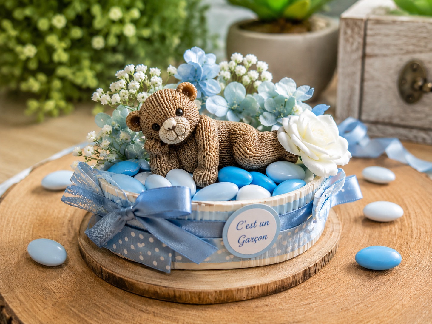 petit ourson aspect laine porte clef naissance dragees