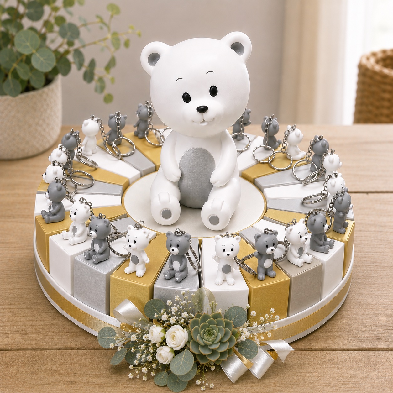gateau de bapteme ourson porte clef or argent