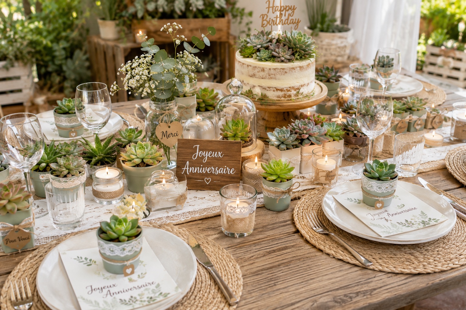 table decoree de succulentes pour un anniversaire