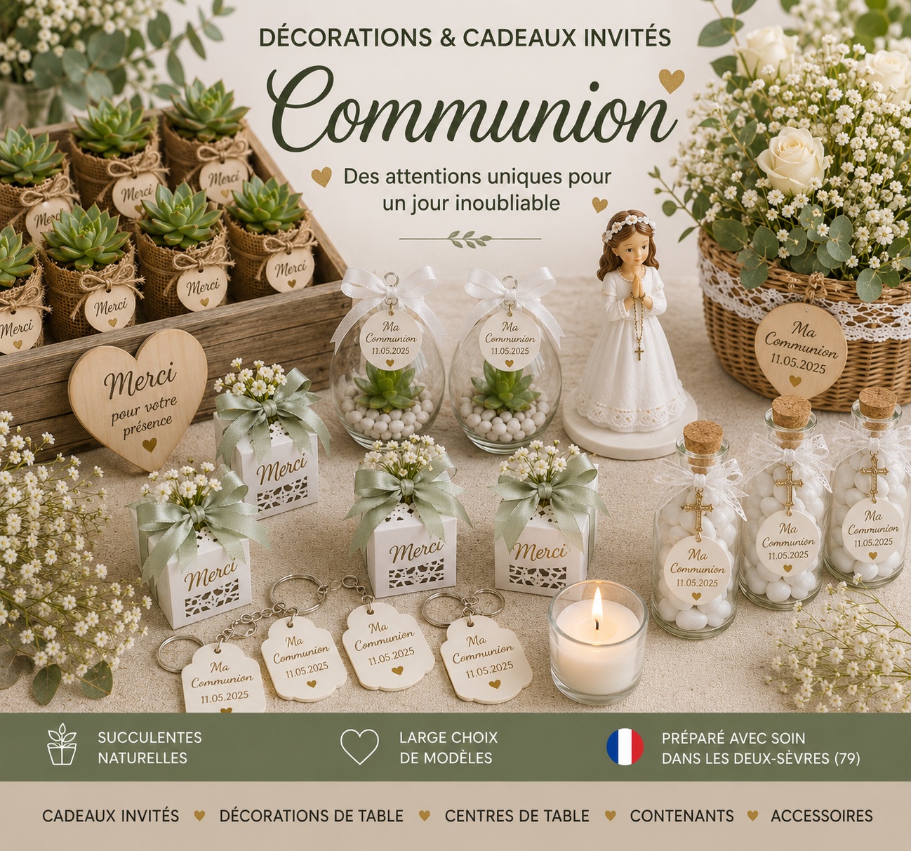 figurines et succulentes pour ceremonie de communion