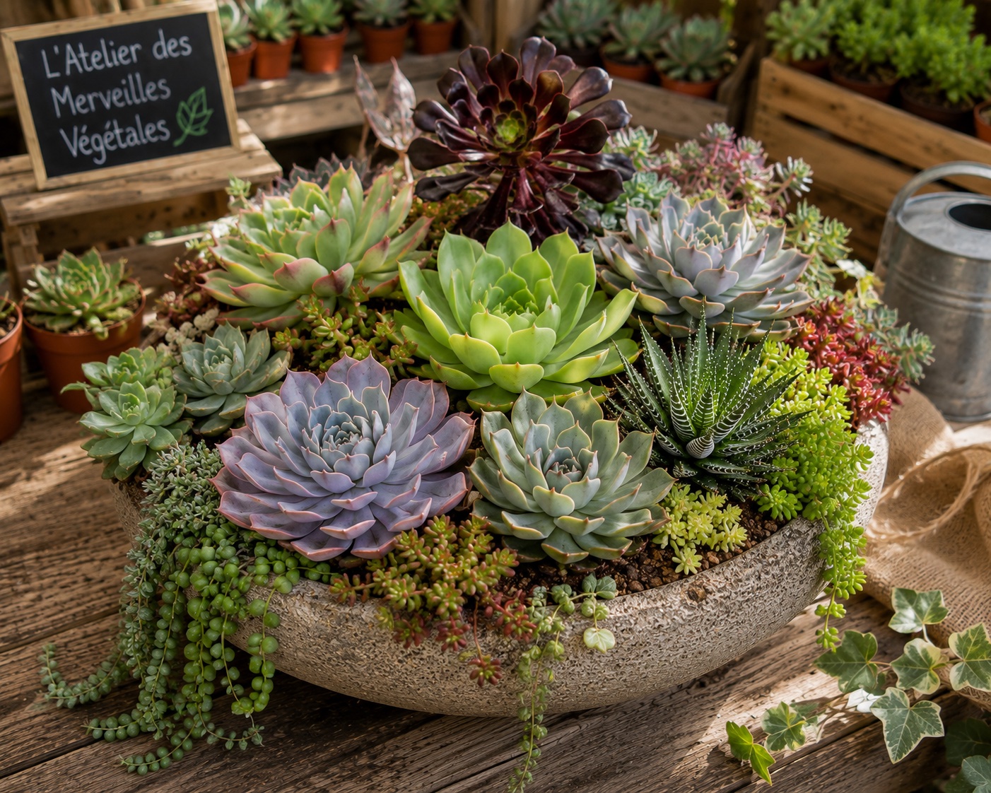composition florale avec grandes succulentes pour offrir ou decoration
