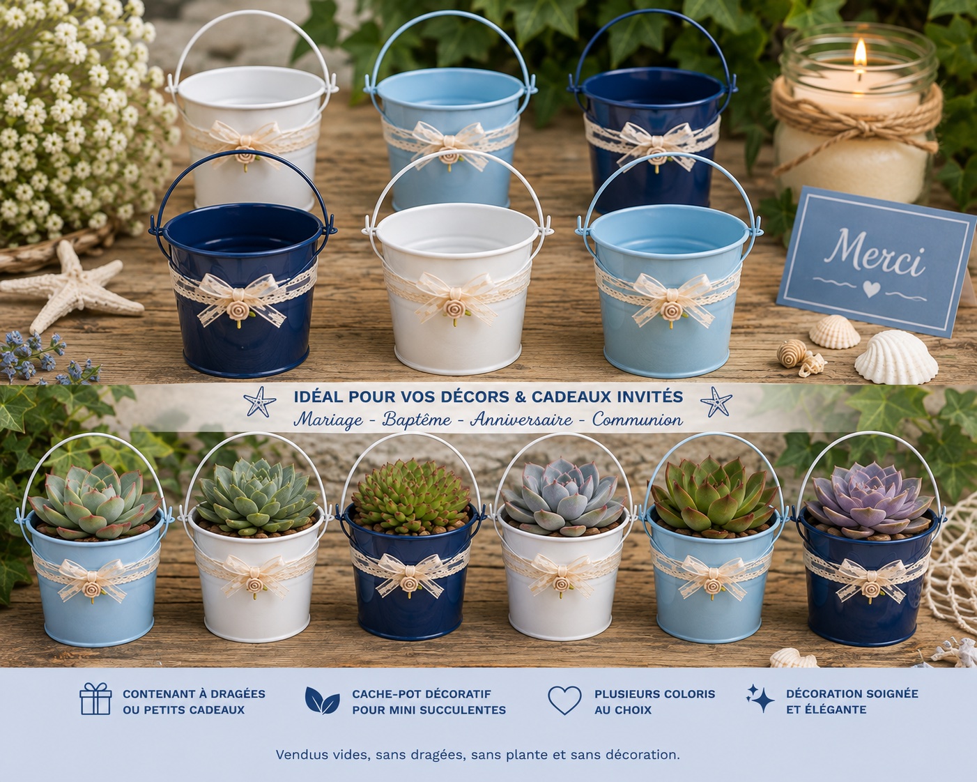 mini seau en metal decoration bapteme mariage communion succulentes