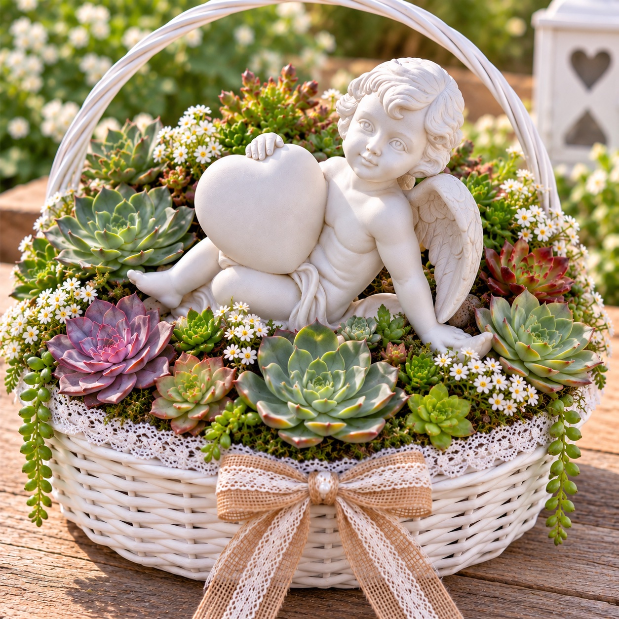 composition florale de succulentes avec ange