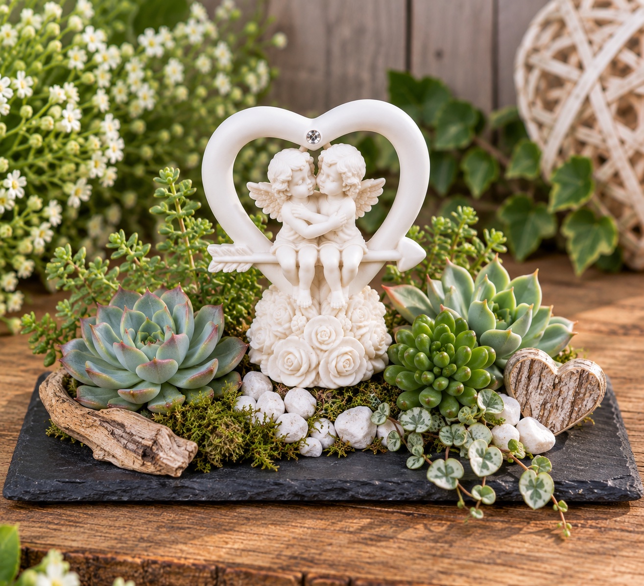 figurine ange coeur fleche en composition florale de succulentes
