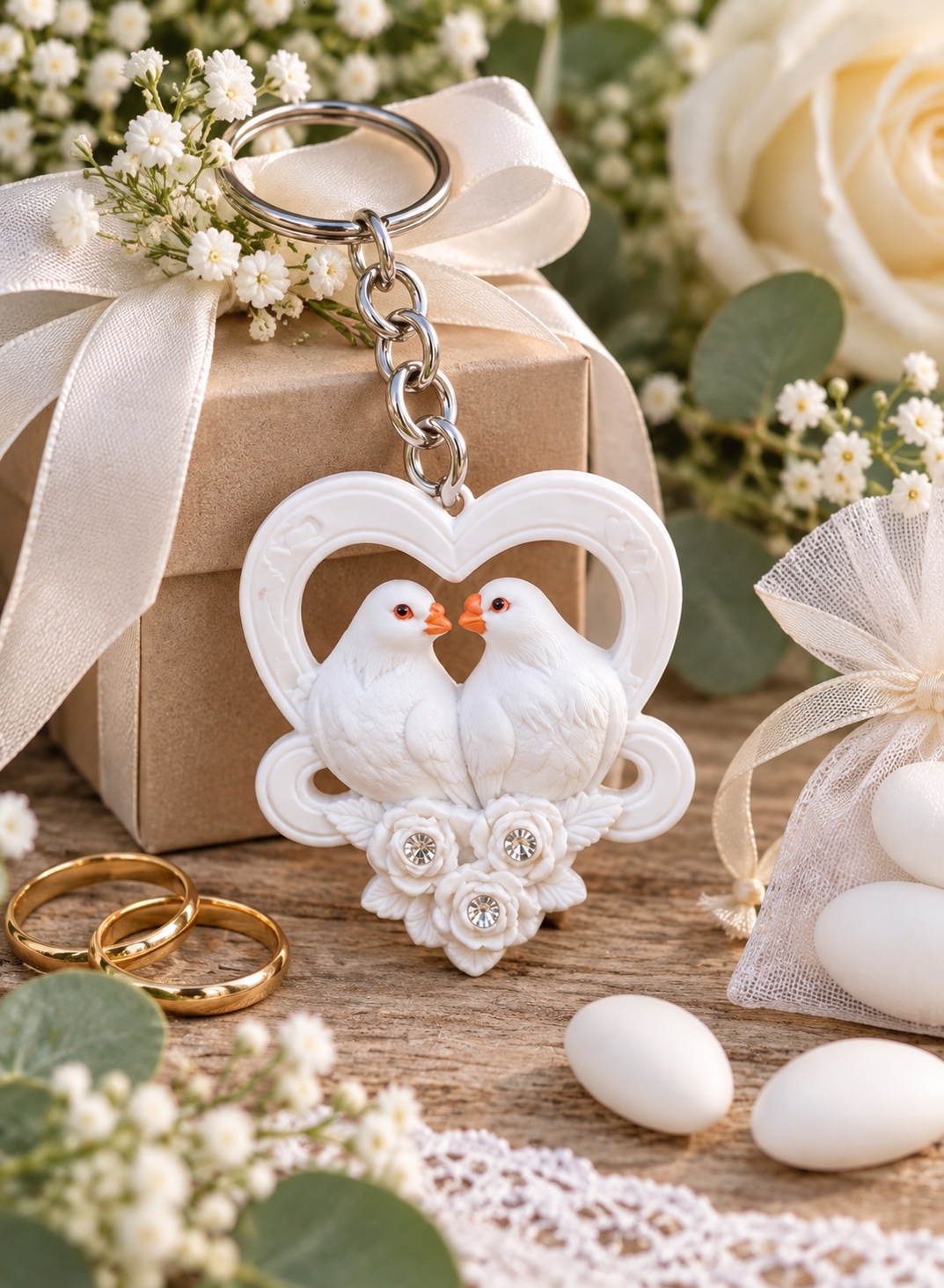 porte clef colombes avec dragees pour ceremonie de mariage
